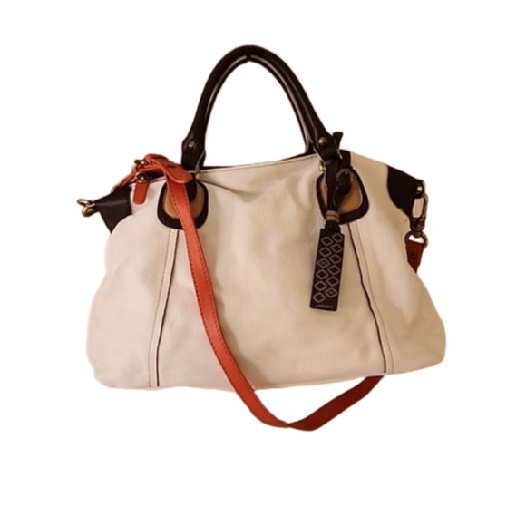 orYANY Handbags - OrYANY Pebbled Leather Zip Top Crossbody Bag Creamy White Brown Orange Trim
